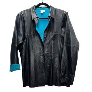 VTG Worth Leather Jacket Womens 12 Black / Teal Button Front